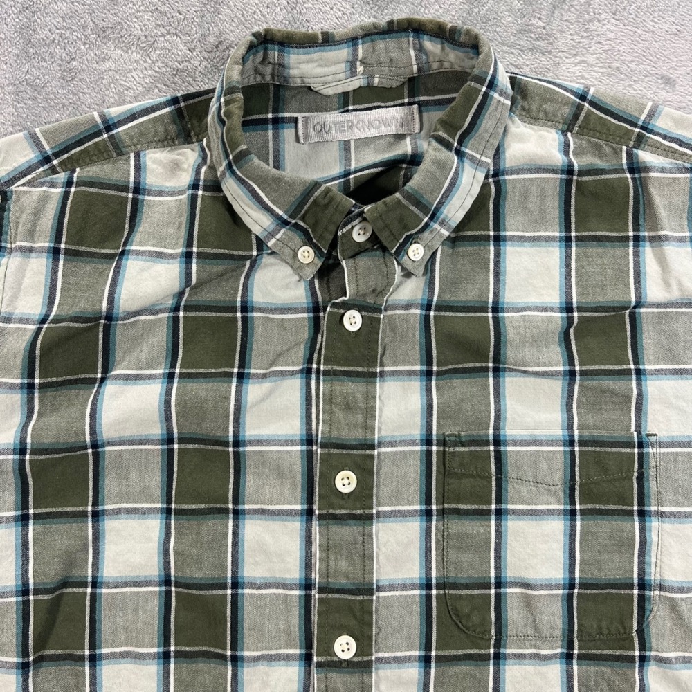 OUTERKNOWN Button Down Shirt Mens Small Green Blue Plaid Organic Cotton‎ Casual